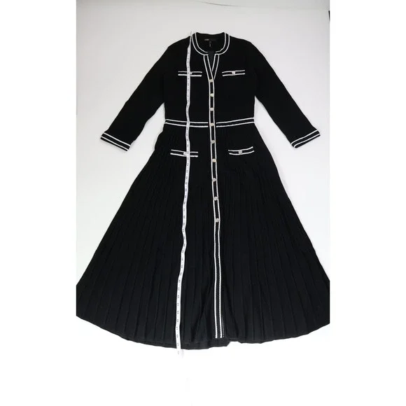 Maje Knit Midi Dress Contrast Trim Pleated Skirt Black White Office Classic $480 - Picture 4 of 15